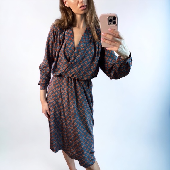 Liz Claiborne Vintage Teal and Orange Geometric Print Wrap Midi Dress Size 8 - Picture 2 of 5
